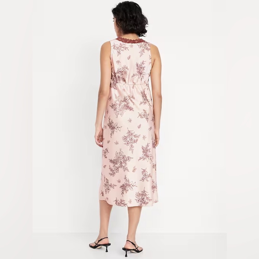 Pink Floral Satin Lace Trim Midi Dress Romantic Coquette NWT Slip Blush - Picture 3 of 9